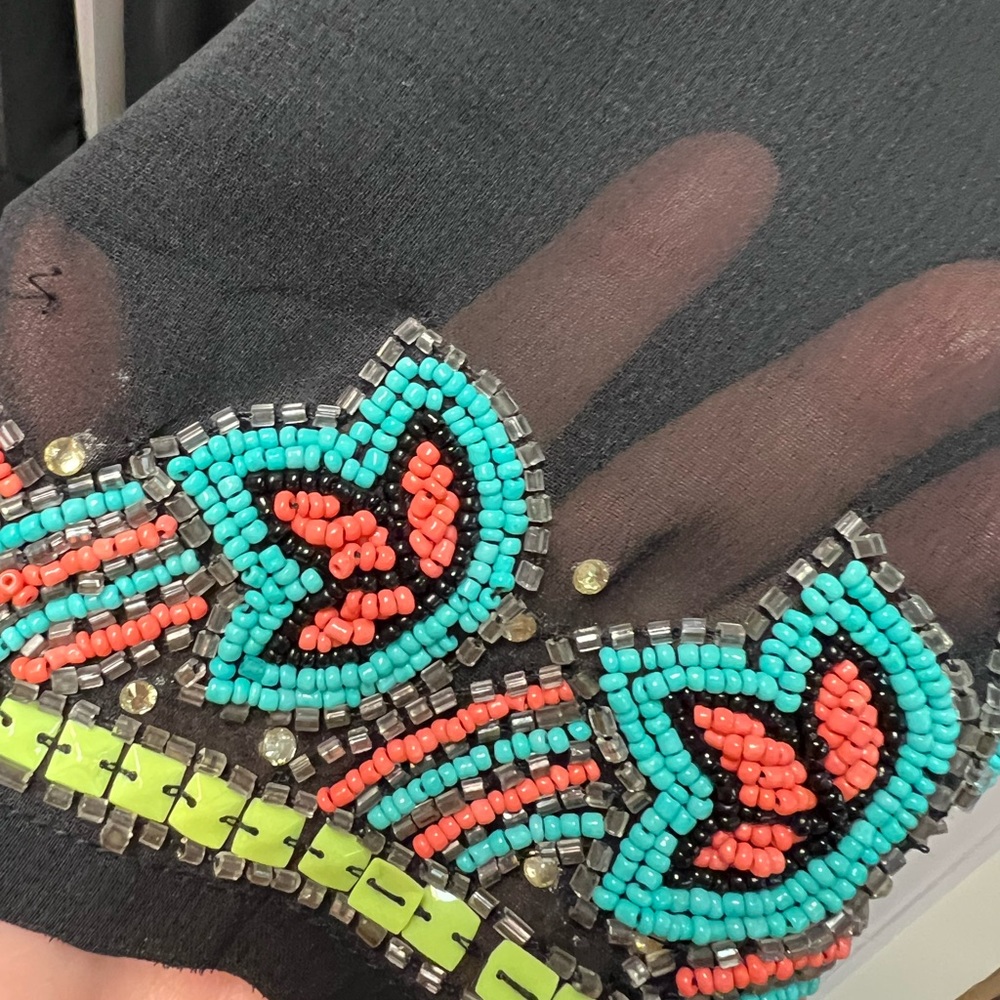 Lucky & Coco Beaded black Coverup/ Tunic Sheer Stunning Colorful Hand Beading - Picture 4 of 12
